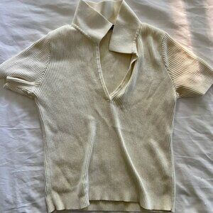 Brandy Melville White Ribbed Collared Top